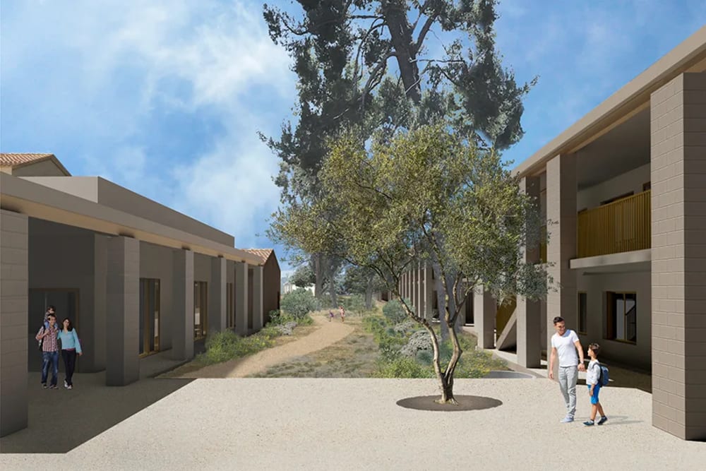 Rendering of the space between buildings at St. Michael's Apartments in Riverside, California