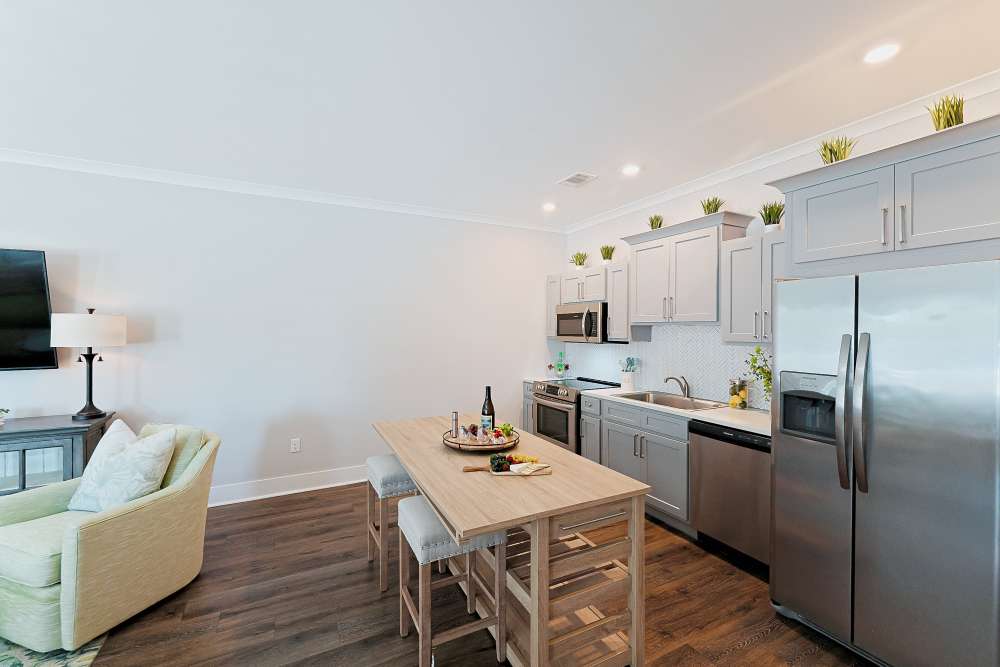 Kitchen with island in a model home at Beverly Villas in Brunswick, Georgia
