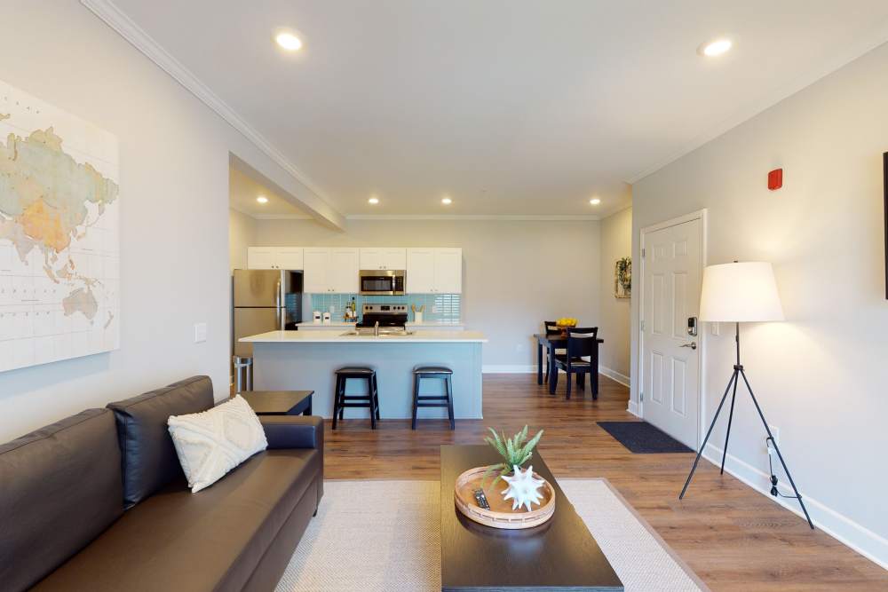 Living room and kitchen areas in a model home at Coastal Club Apartments in Brunswick, Georgia