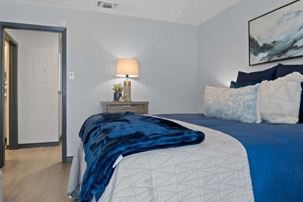 Bedroom with a comfortable bed and a door leading to the bathroom at Hill At Woodway in San Antonio, Texas
