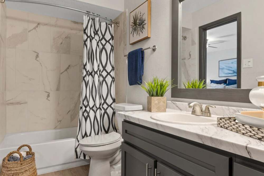 Bathroom with a toilet, tub and a large mirror at Hill At Woodway in San Antonio, Texas