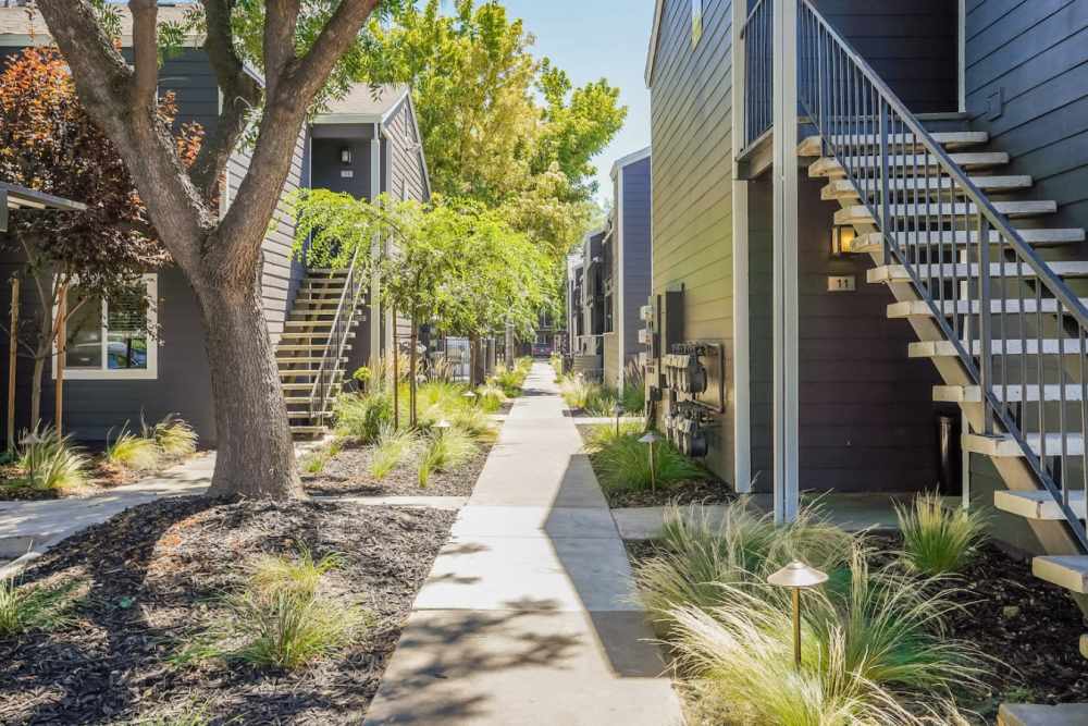 Walkways through the apartment complex at Trails at 2112 in Modesto, California