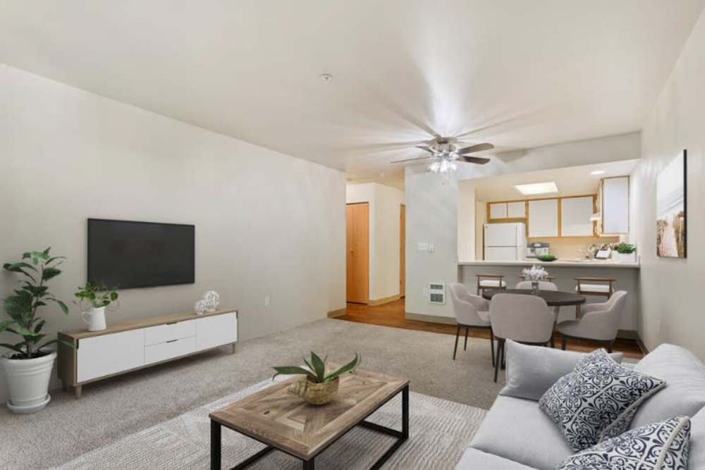 Living room and kitchen at Brentwood Apartments in Portland, Oregon
