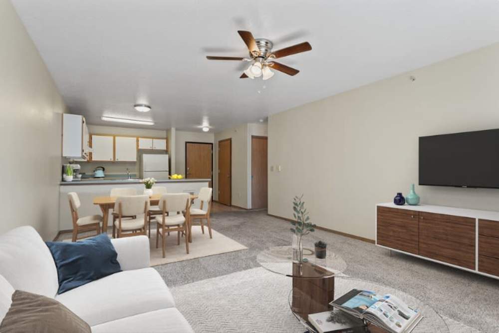 Living room and kitchen at Gateway Plaza Apartments in Portland, Oregon