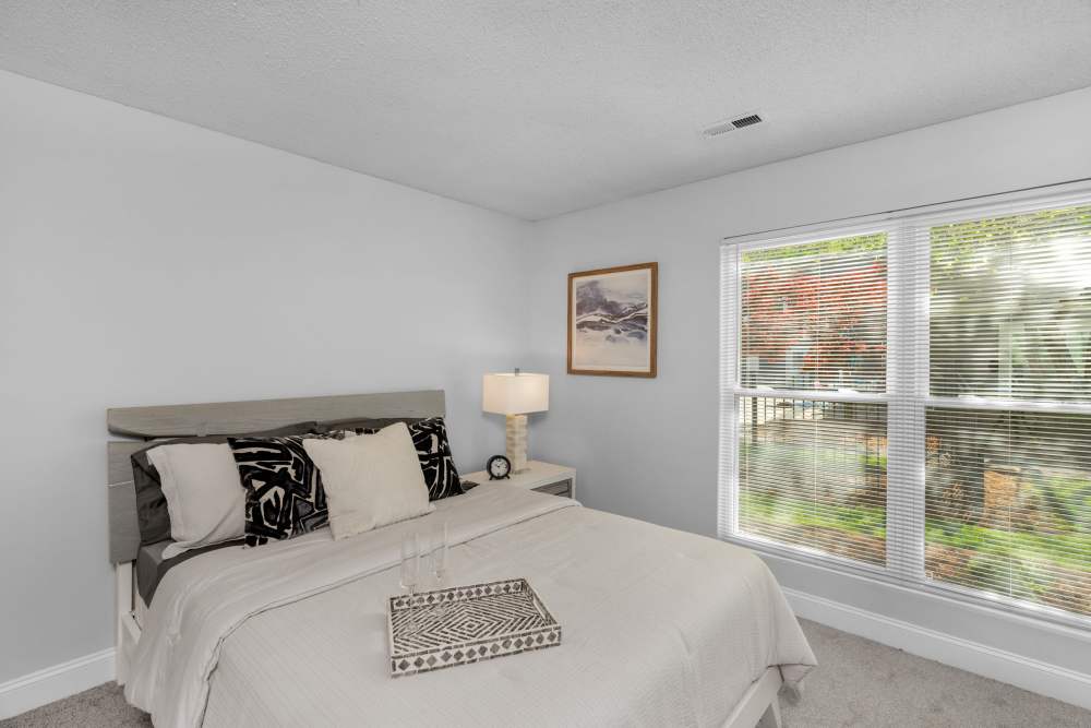 Well lit bedroom with floor to ceiling window at The Oasis at Regal Oaks in Charlotte, North Carolina