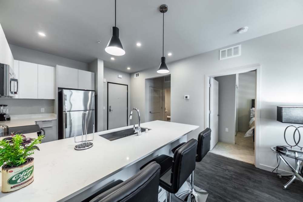 Kitchen counter with stools at Reno Experience District in Reno, Nevada