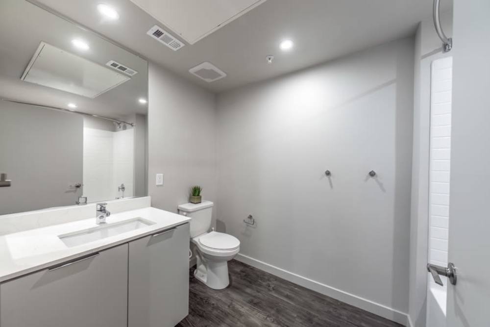 Bathroom with plank flooring at Reno Experience District in Reno, Nevada