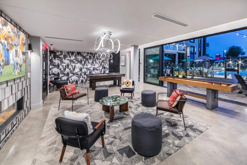 Resident lounge and game room at Reno Experience District in Reno, Nevada