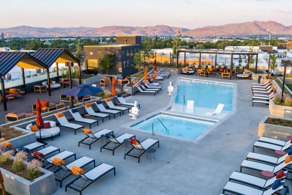 Pool and lounge chairs at Reno Experience District in Reno, Nevada