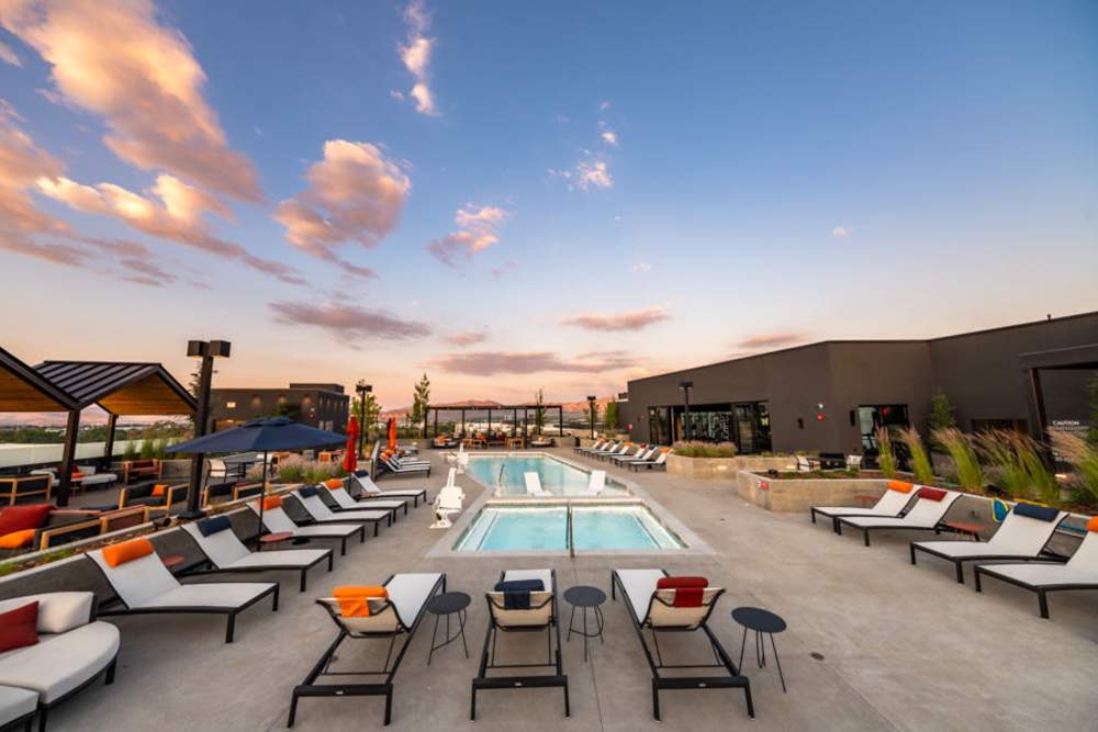 Pool and lounge chairs on the deck at Reno Experience District in Reno, Nevada