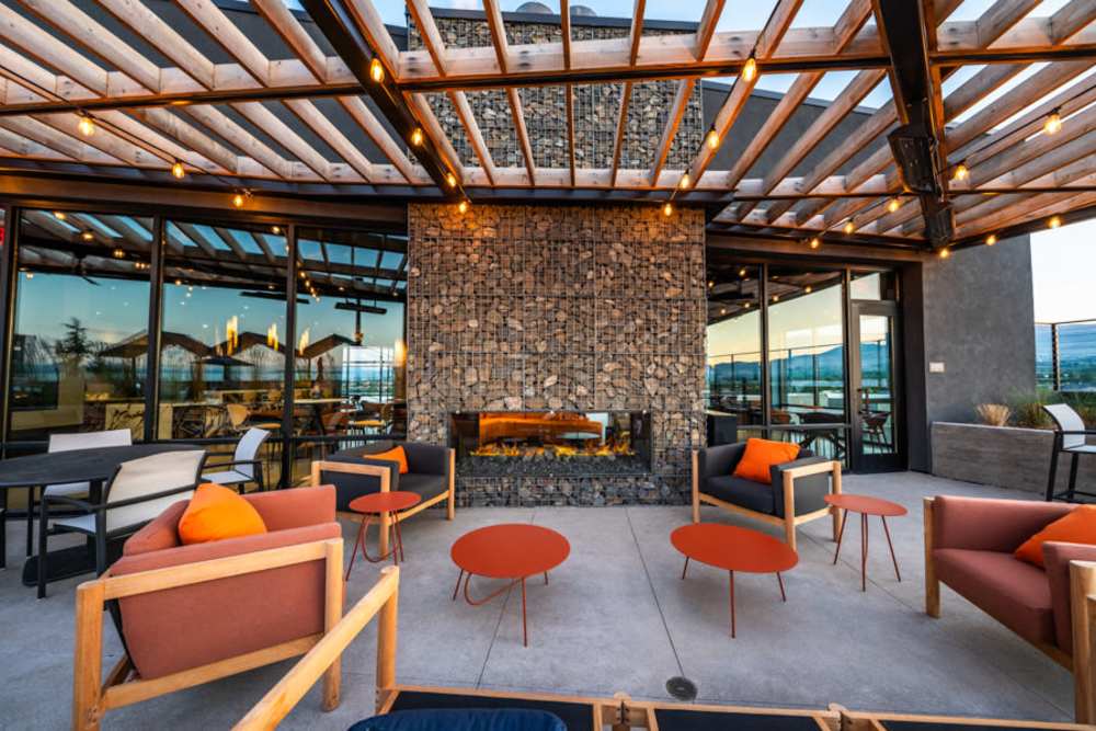 Outdoor patio seating at Atwood at Reno Experience District in Reno, Nevada