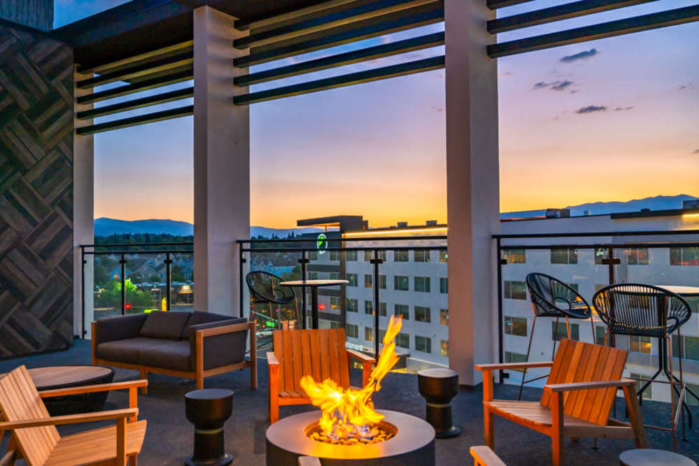 Firepit on the upper community deck at Reno Experience District in Reno, Nevada
