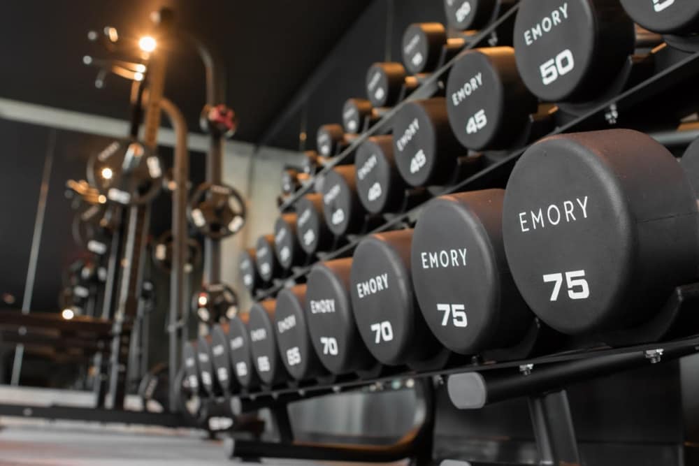 Rack of weights at Reno Experience District in Reno, Nevada