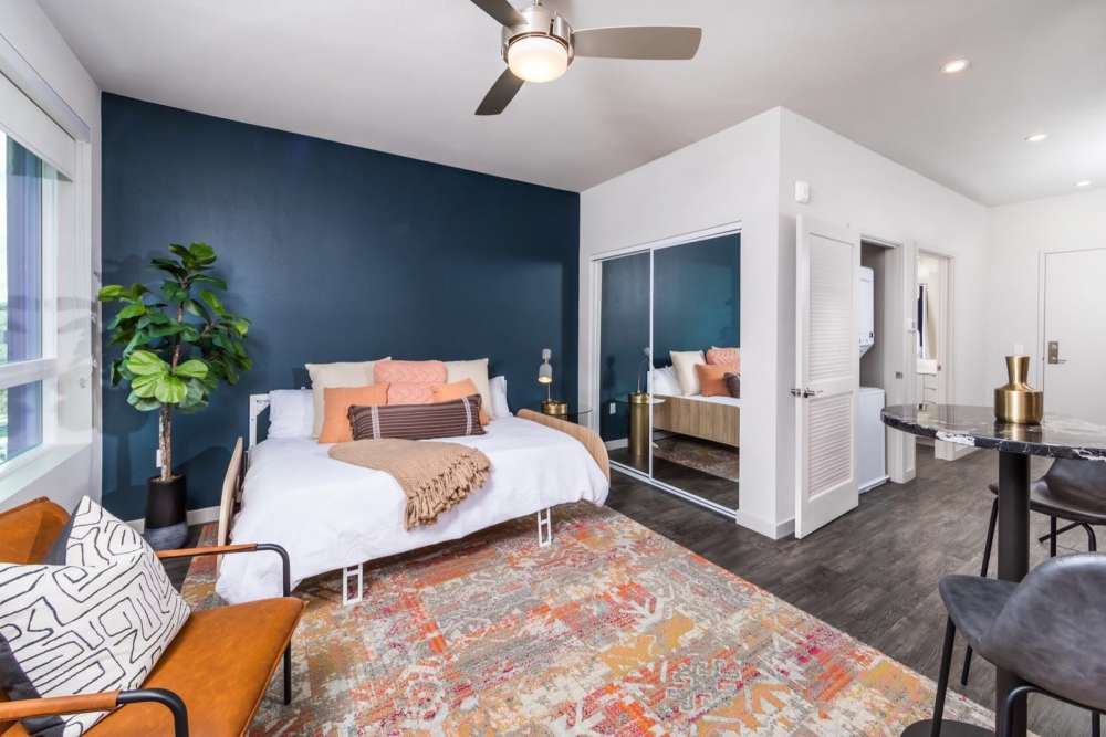 Studio apartment with blue accent wall at Reno Experience District in Reno, Nevada