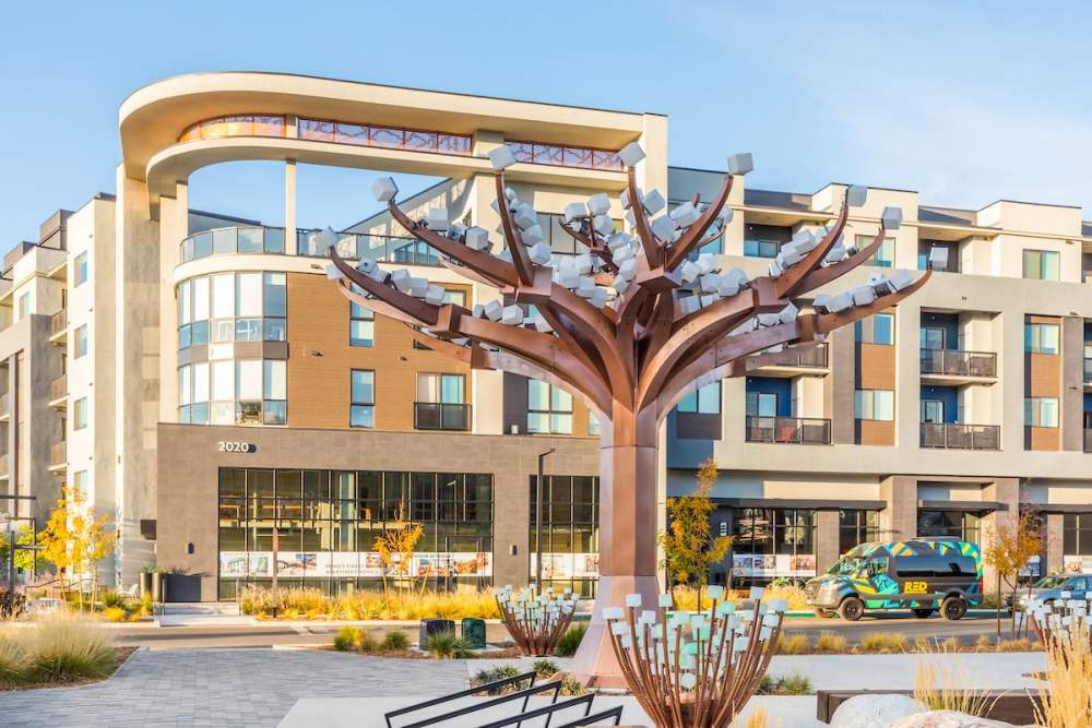 Tree statue outside of Emory at Reno Experience District in Reno, Nevada