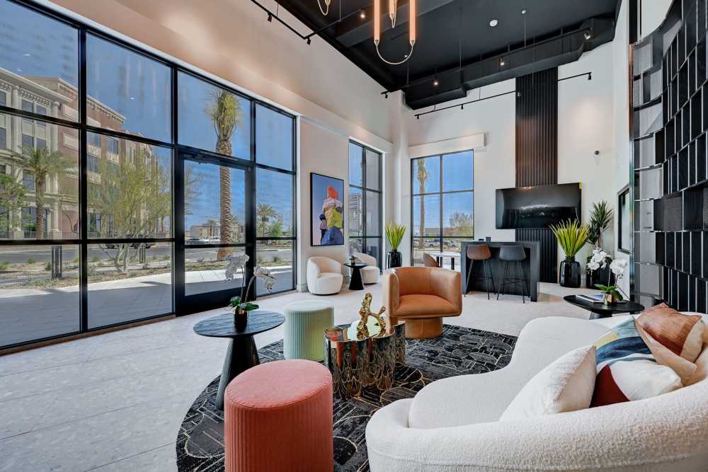 Community leasing center with cool seating at The Ellison in Las Vegas, Nevada