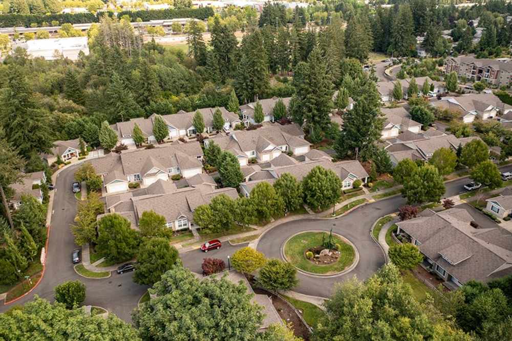 Aerial view of the community at Yauger Park Villas in Olympia, Washington
