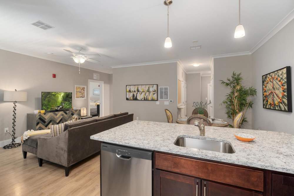 Large kitchen with wood floors at East of Market in Frederick, Maryland