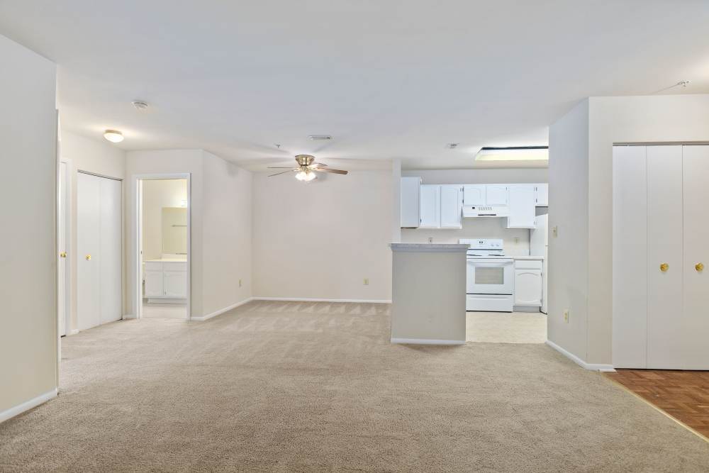 Model living room with white walls at WOODS OF MARLTON in Upper Marlboro, Maryland