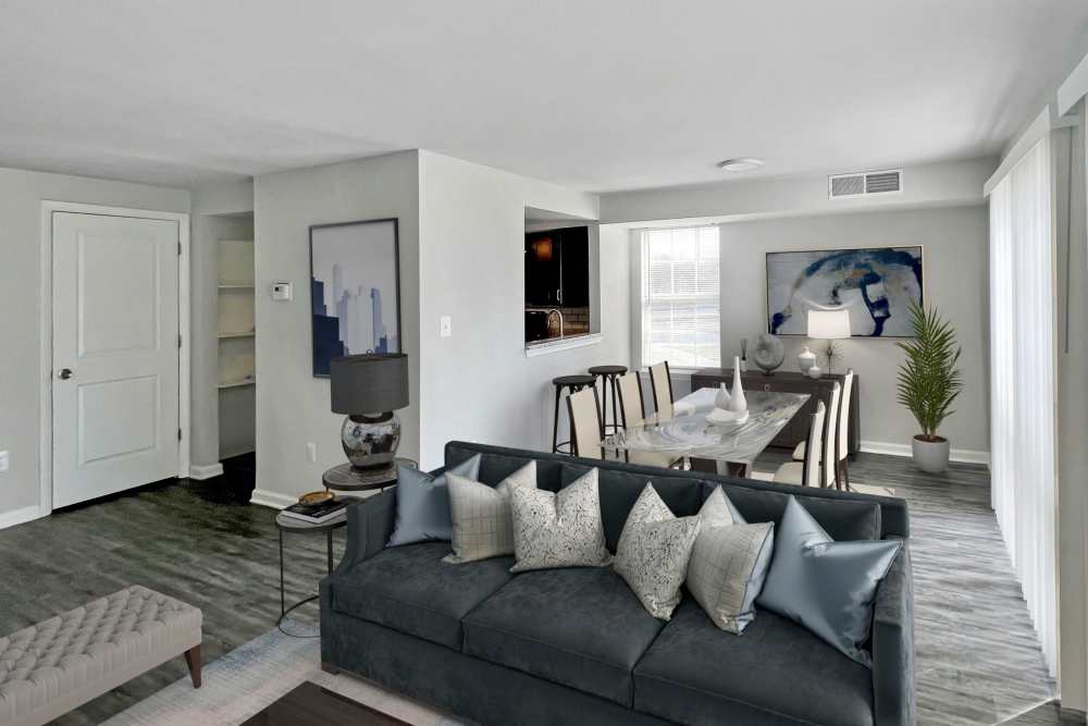 Grey couch in a home at Montgomery Club in Gaithersburg, Maryland