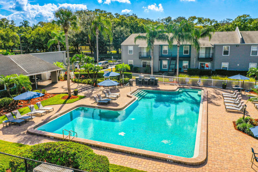 Resort-style swimming pool surrounded by lounge chairs and patio tables with umbrellas at Coopers Pond in Tampa, Florida
