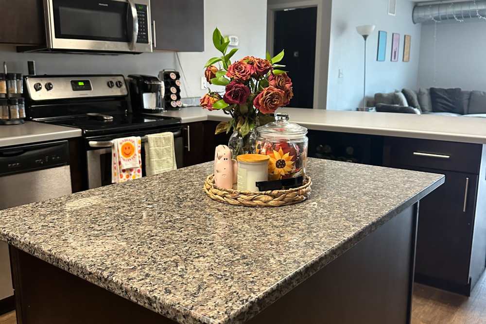 Beautiful apartment kitchen with granite counters at Lofts @ 1633 in Mankato, Minnesota