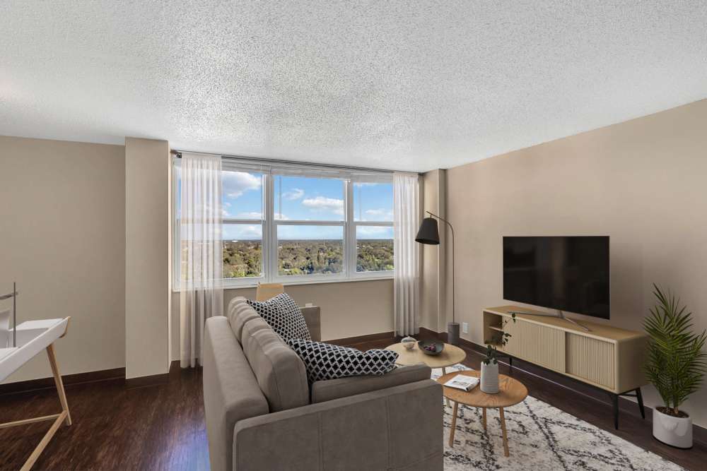 Open floorplan with hardwood floors and large window at Bay Pointe Tower in South Pasadena, Florida