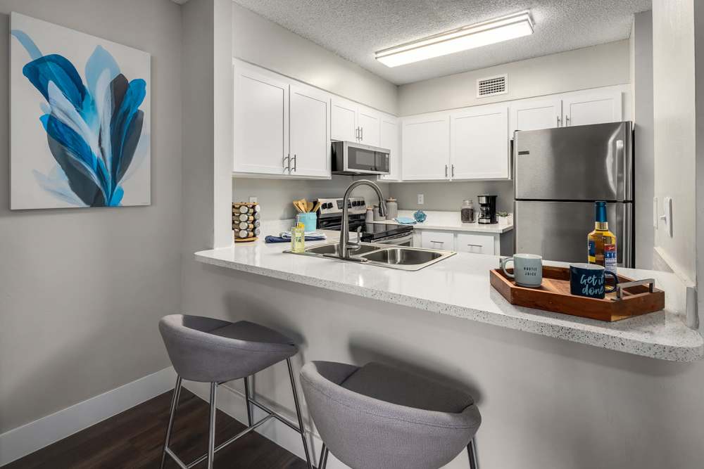 Modern apartment kitchen with white counters and stainless-steel appliances at Boynton Place Apartments in Boynton Beach, Florida