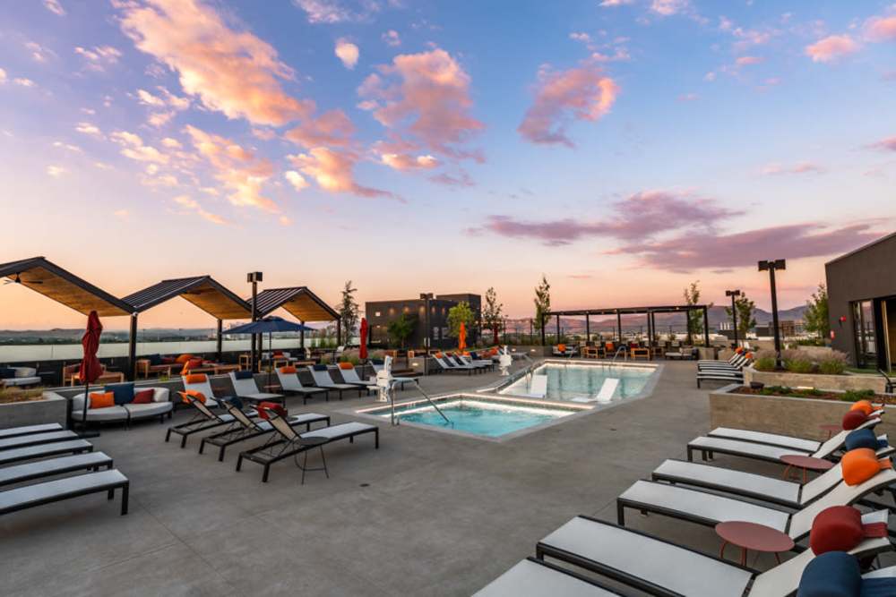 Swimming pool at sunset at Reno Experience District in Reno, Nevada