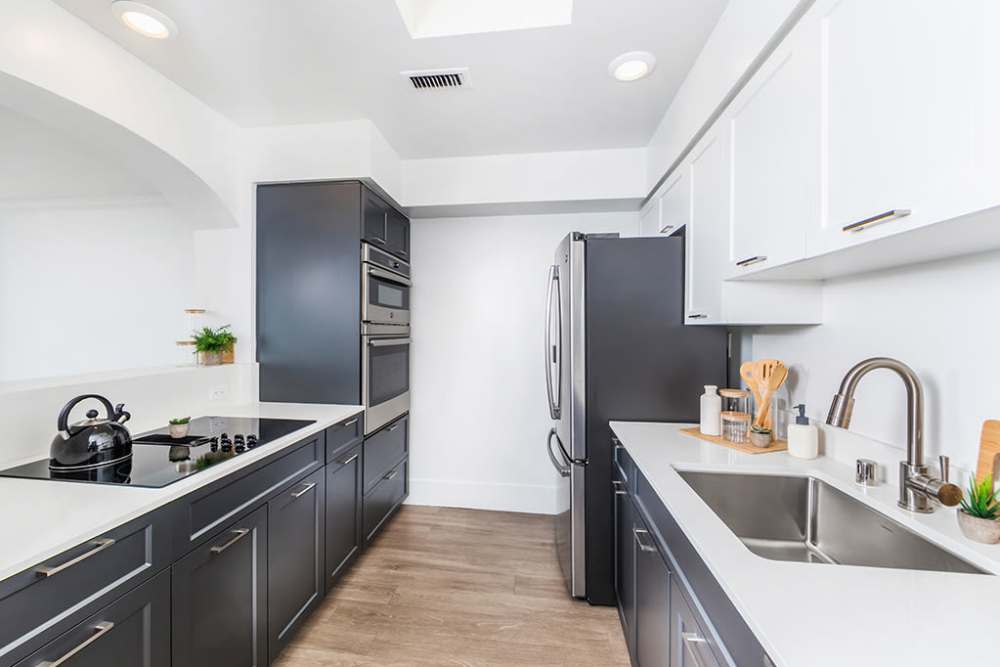 Apartment kitchen with dark colored cabinets at 1900 Ocean Apartment Homes in Long Beach,California