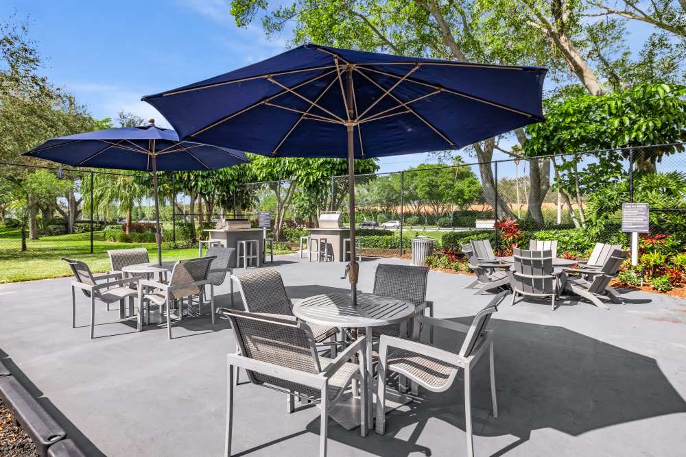 Community Picnic and BBQ area with blue umbrellas Boynton Place Apartments in Boynton Beach, Florida
