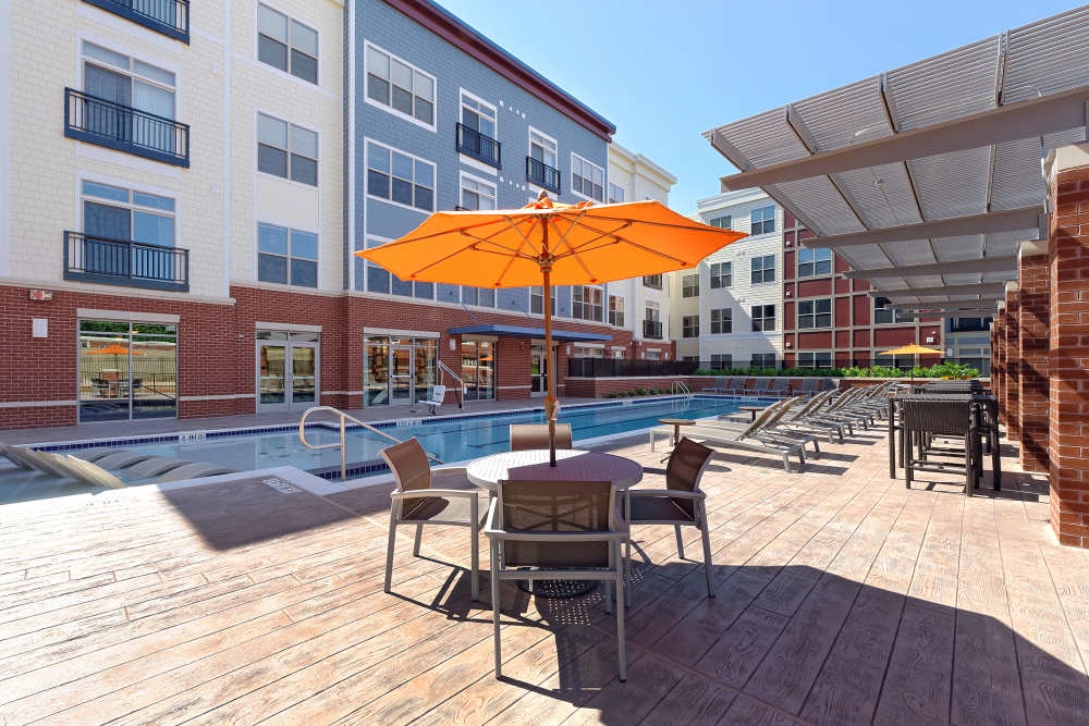 Large pool with pool side umbrellas at 3350 at Alterra in Hyattsville, Maryland