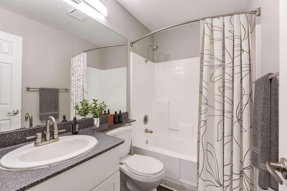 Clean bathroom with tub in a model home at The Emery at Terra Nova in Chula Vista, California