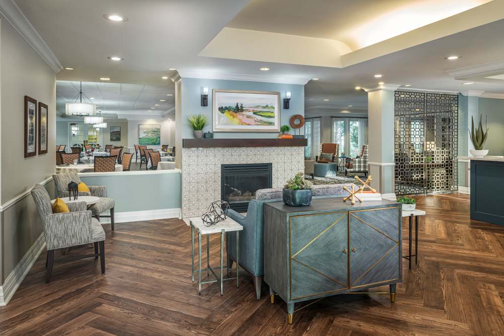 Lounge with fireplace at The Grove at Midtown in Tulsa, Oklahoma