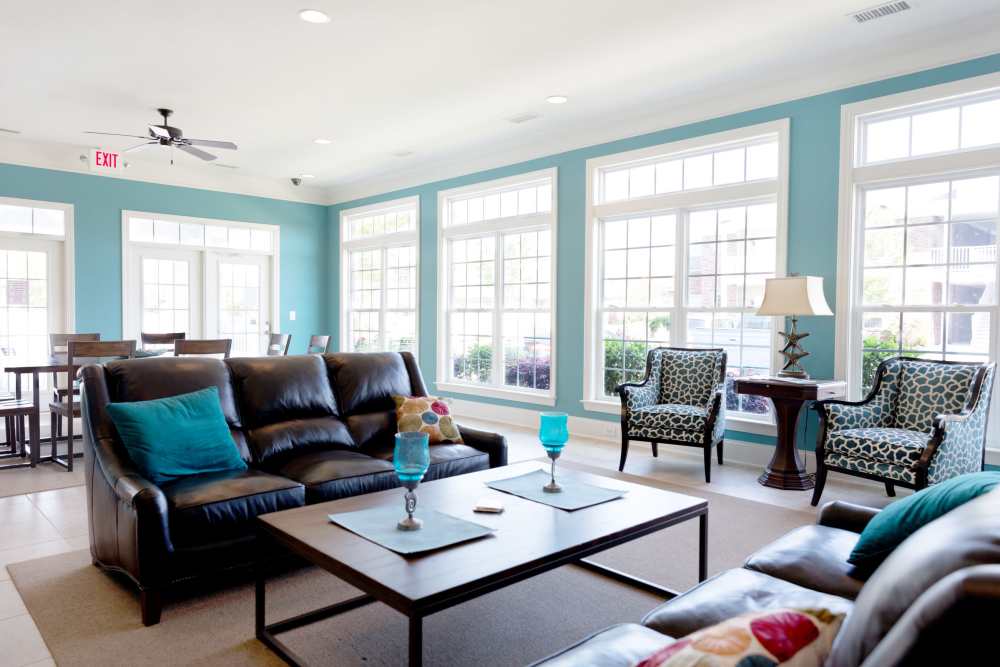 Couches and a coffee table in the clubhouse at Cloisters at Carolina Forest in Myrtle Beach, South Carolina