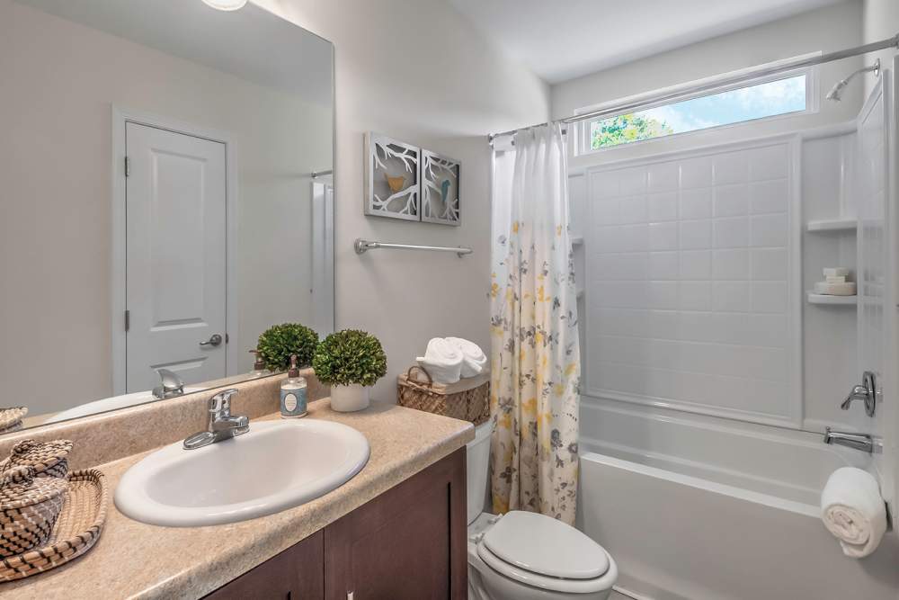 Bathroom with bathtub and large vanity in a model home at Durham Park in Pooler, Georgia