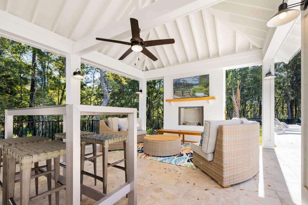 Outdoor covered fireplace and lounge area at Park Circle Village in North Charleston, South Carolina