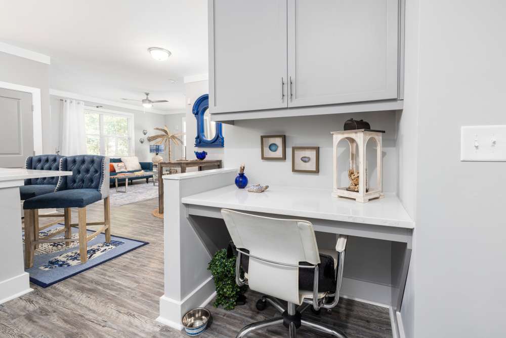 A desk nook near the kitchen of a model home at Park Circle Village in North Charleston, South Carolina
