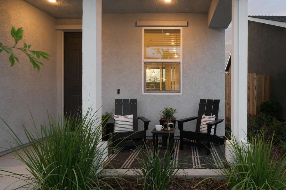 Maintenance-free landscaping in front of a home's porch at Vera at Fiddyment in Roseville, California