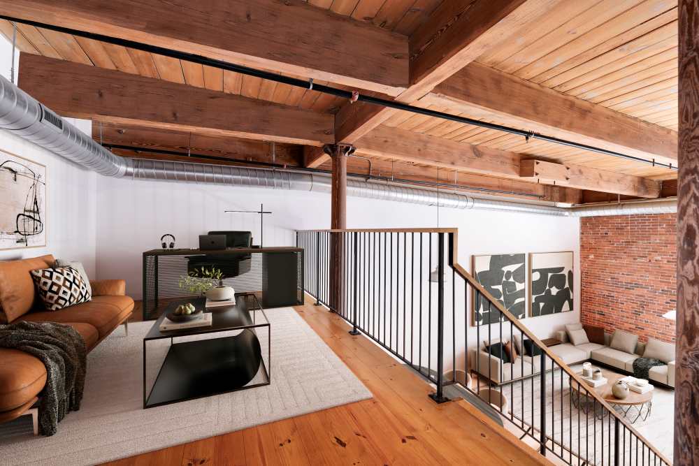 Loft area in an apartment at Abbot Mill in Westford, Massachusetts