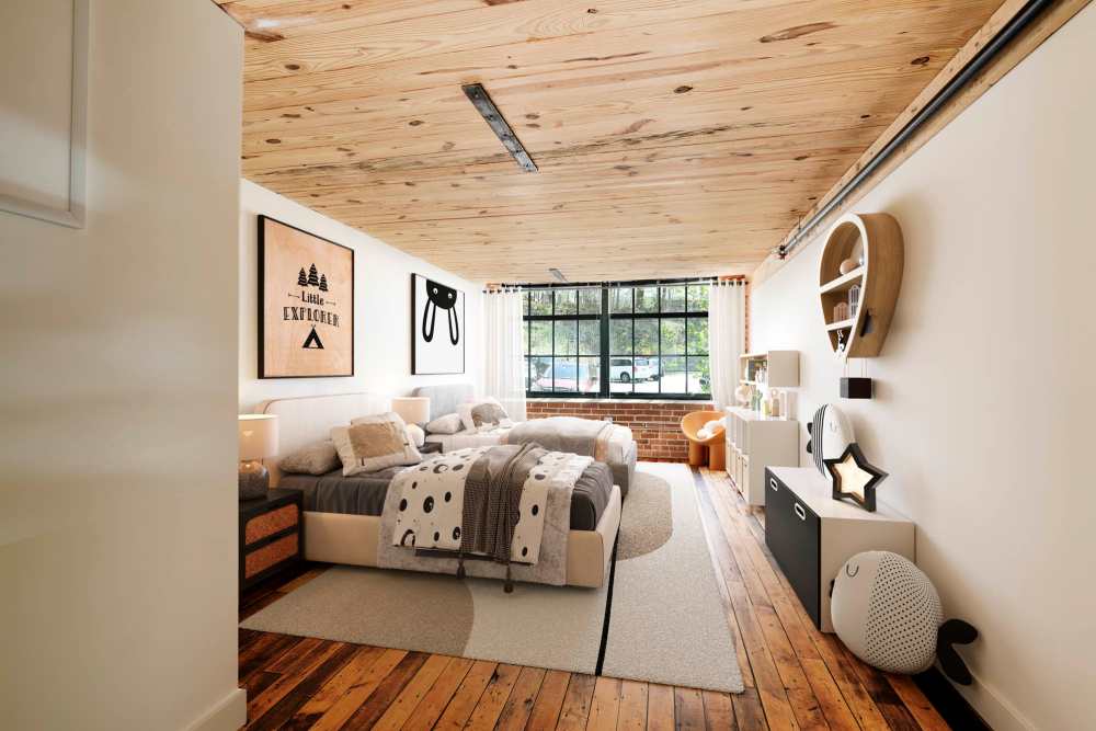 Bedroom in an apartment at Abbot Mill in Westford, Massachusetts