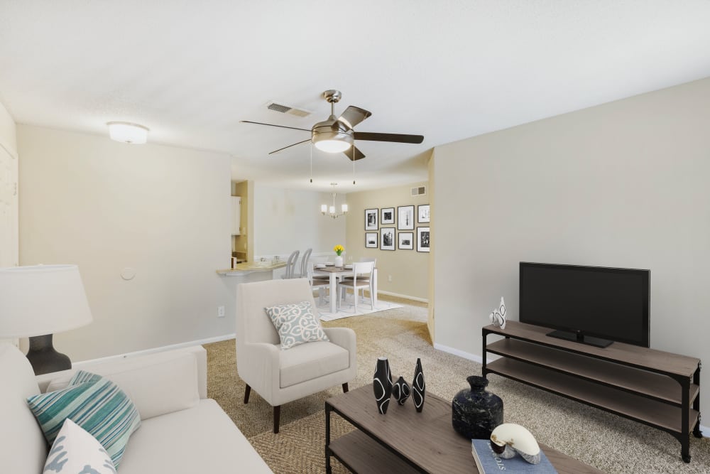 Furnished living room in a home at The Greens At Braelinn in Peachtree City, Georgia