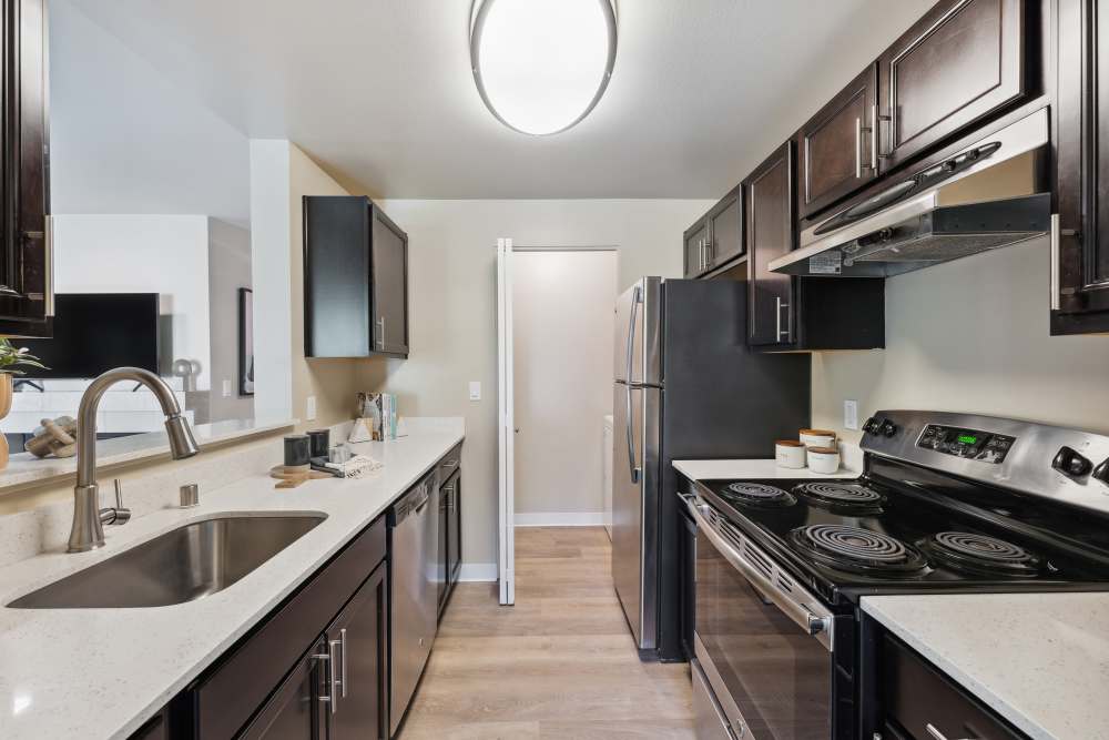 Modern kitchen with quartz countertops and stainless steel appliances at Madison Sammamish Apartments in Sammamish, Washington