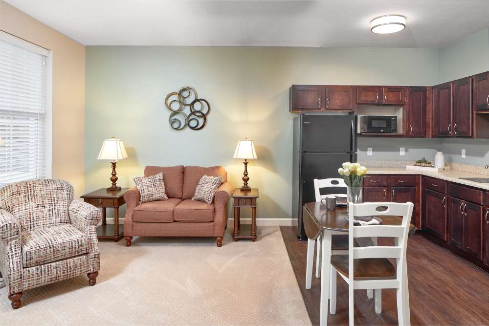 resident assisted living one bedroom living area at Legacy Living Defiance in Defiance, Ohio