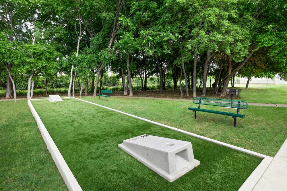 Cornhole Game at Lakeview at Parkside in Farmers Branch, Texas
