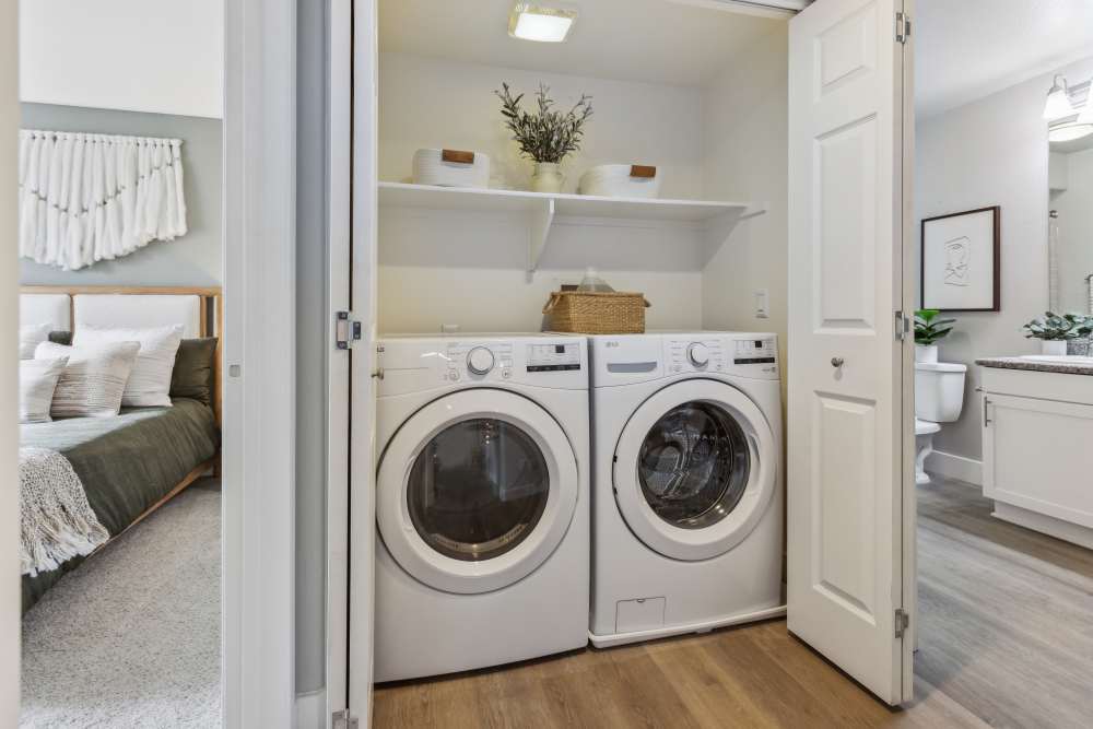 In-home laundry with washer and dryer in-unit in a model apartment home at Avery at Moorpark in Moorpark, California