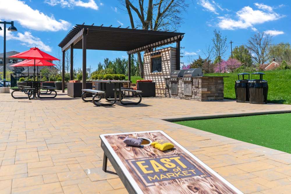 Cornhole outside at East of Market in Frederick, Maryland