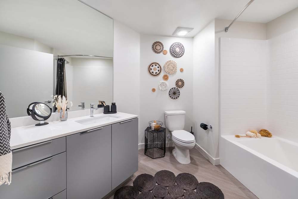Bathroom shower and vanity at The Ellison in Las Vegas, Nevada