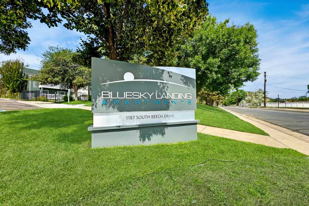 The front monument sign at Bluesky Landing Apartments in Lakewood, Colorado
