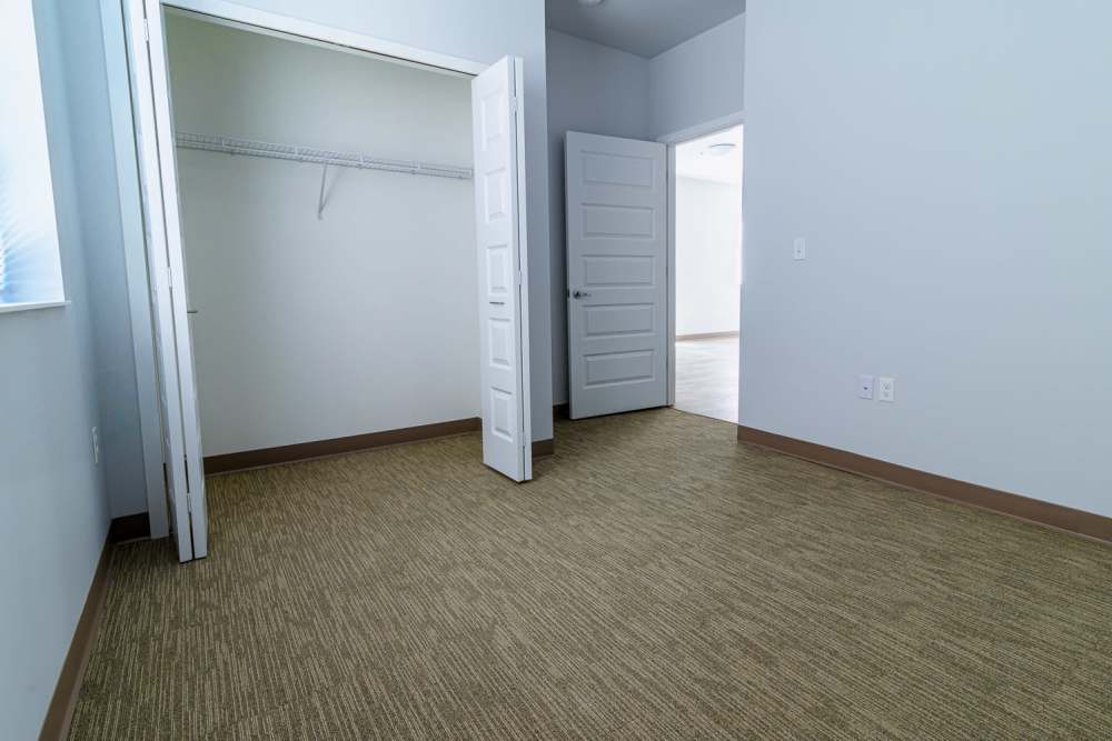 Bedroom with plush carpeting and large window at Marketplace in Flint, Michigan